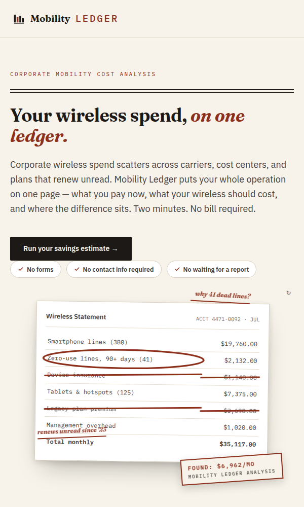 Live hero: auditor's marked-up wireless statement beside the headline